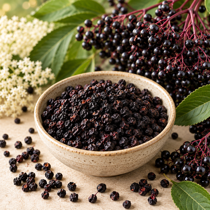Whole dried elderberries with fresh Sambucus nigra berries, flowers and leaves