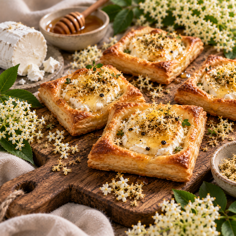 Elderflower, goat's cheese and honey puff pastry tartlets finished with delicate elderflowers and black pepper