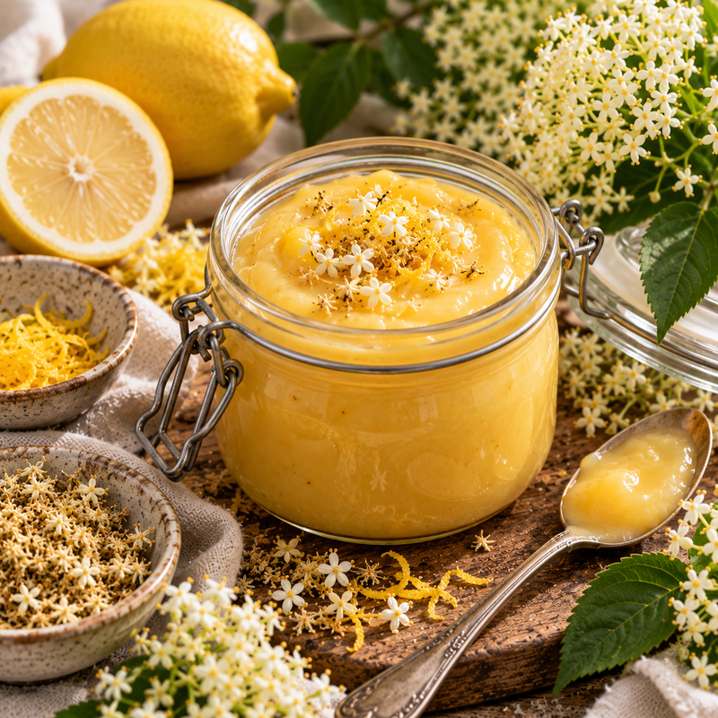 Elderflower and lemon curd with fresh lemon, dried elderflowers and delicate Sambucus nigra blossoms
