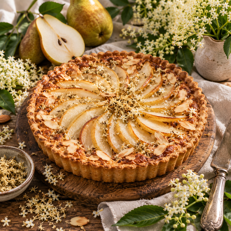 Elderflower, pear and almond tart topped with sliced pears, flaked almonds and delicate elderflowers