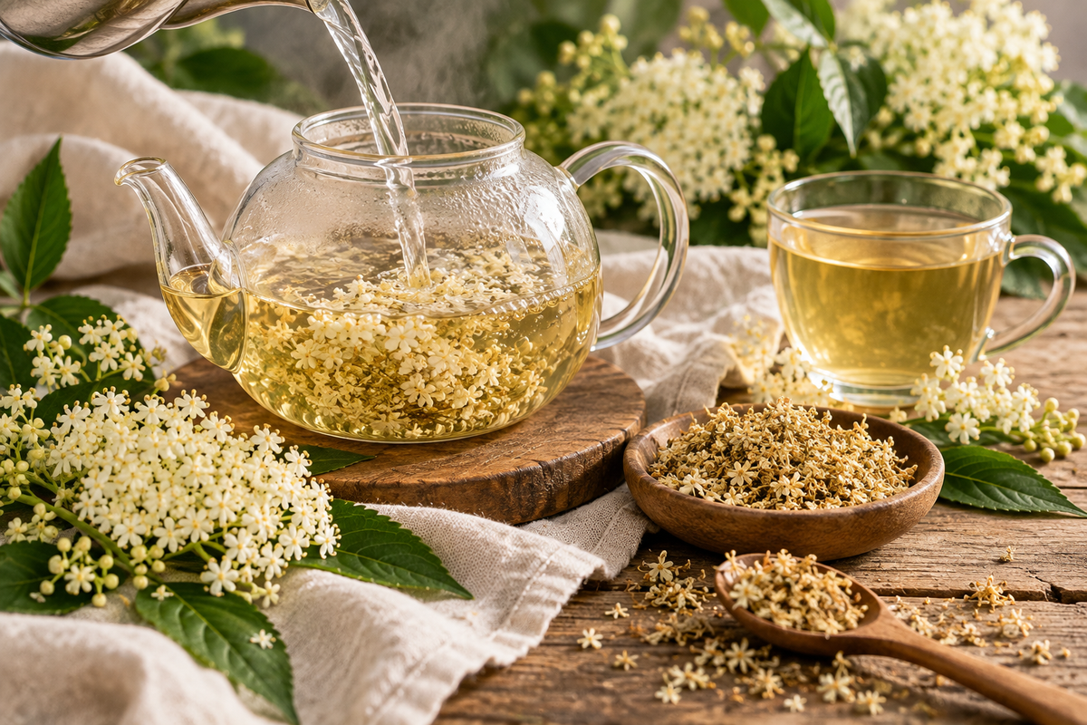 Elderflower tea preparation with dried Sambucus nigra flowers steeping in a glass teapot and a finished pale golden floral infusion