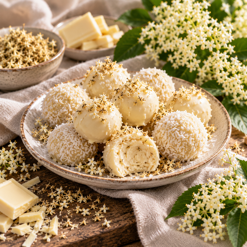 Elderflower and white chocolate truffles finished with delicate dried elderflowers and coconut