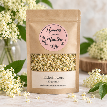 Elderflowers 20 g resealable kraft pouch filled with dried elderflowers, styled with fresh white elderflower blossoms
