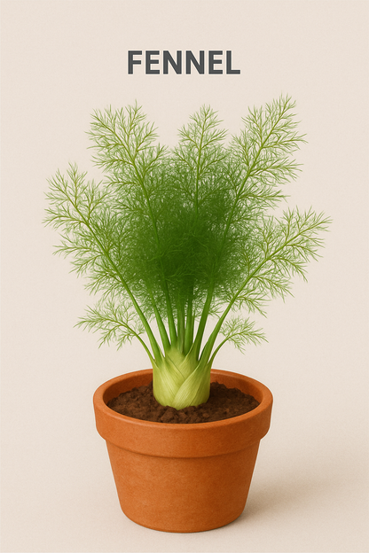 Potted fennel plant on a beige background with 'FENNEL' text above.