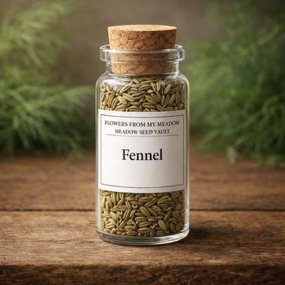 Jar of fennel seeds with a cork lid on a wooden surface, labeled 'Flowers from my Meadow'.
