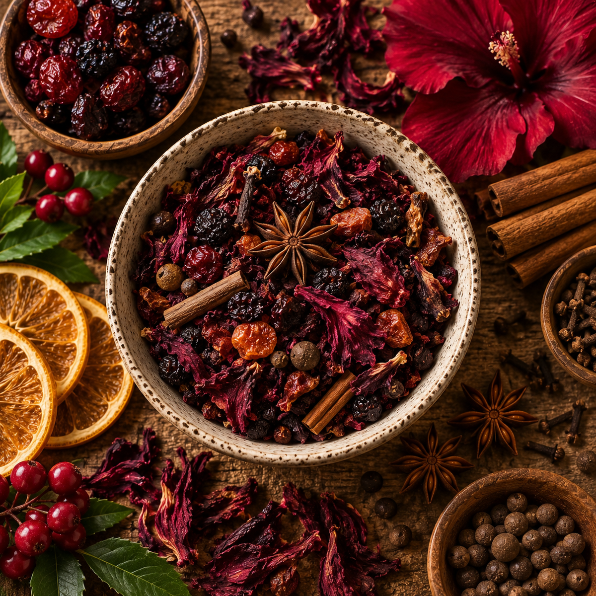 Berry and Hibiscus Festive Meadow Blend with hibiscus, dried berries, cinnamon, cloves, star anise and allspice