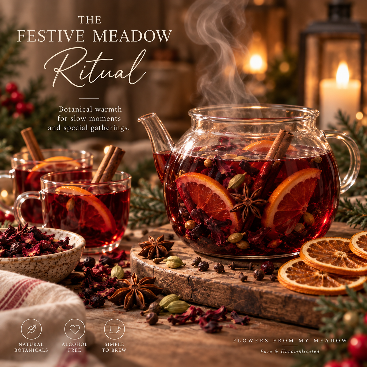 Festive Meadow Blend brewed as a warm botanical festive drink with orange, cinnamon and whole spices