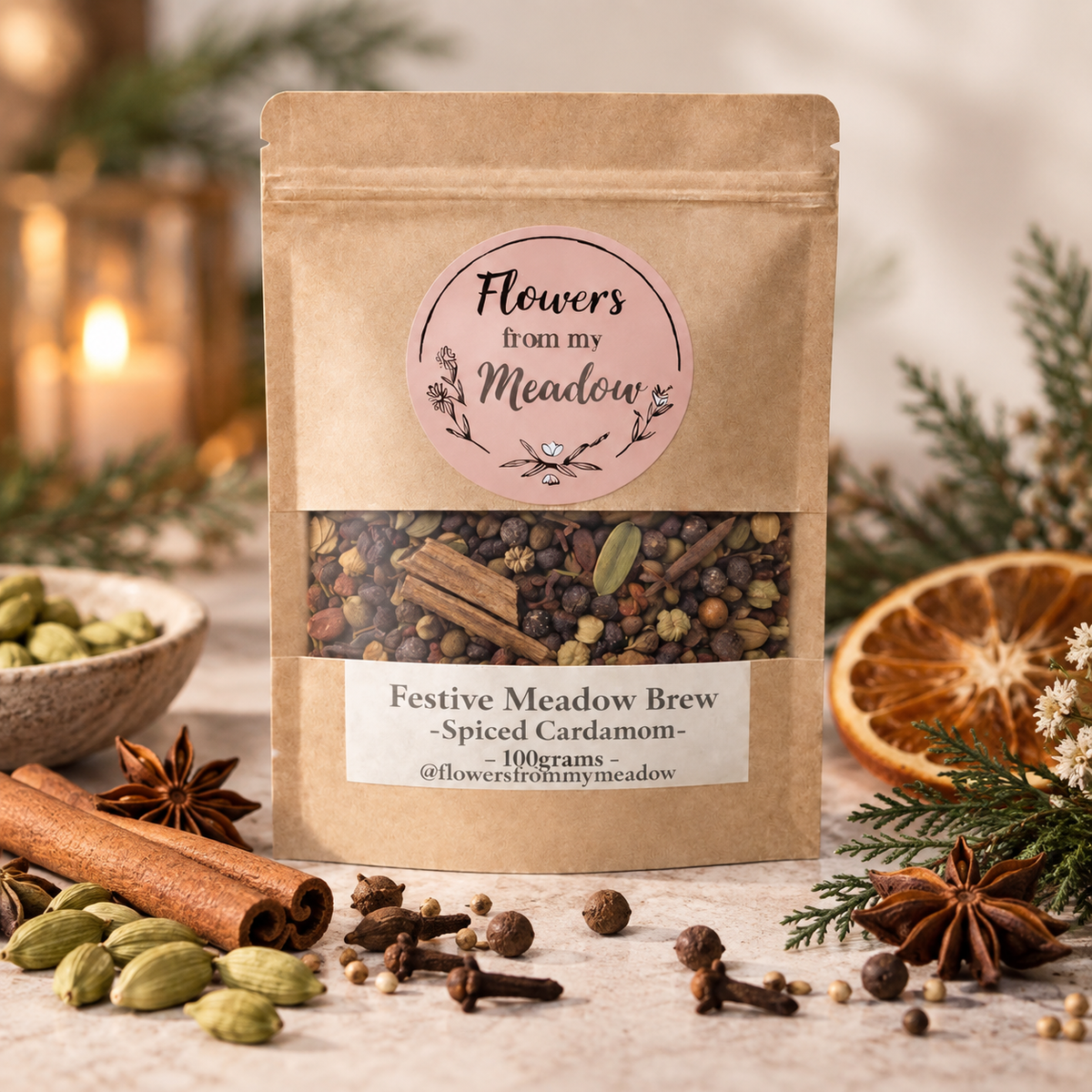 Festive Meadow Blend Spiced Cardamom botanical mulled spice mix with cinnamon, cardamom and whole spices
