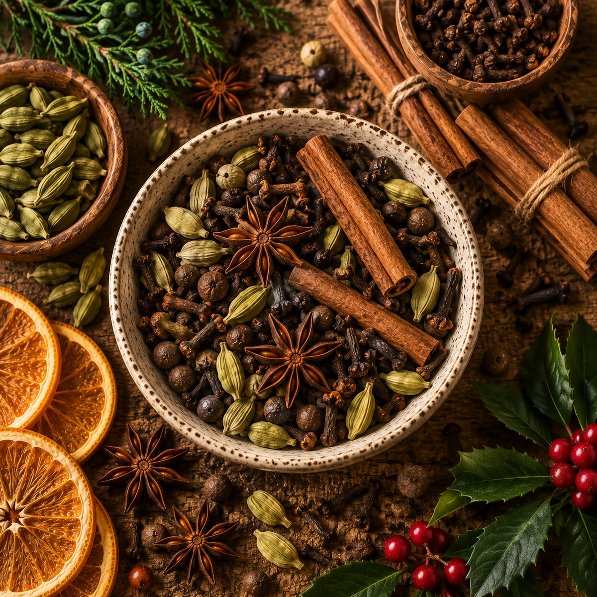 Spiced Cardamom Festive Meadow Blend with cardamom pods, cinnamon, cloves, star anise and allspice