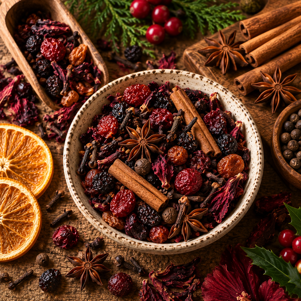 Festive Meadow Blend dry botanicals with hibiscus, berries, cinnamon, cloves and star anise