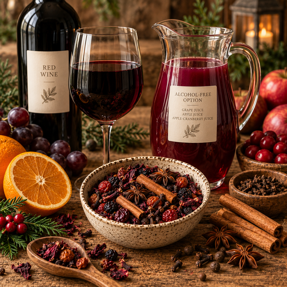 Festive Meadow Blend preparation with red wine and alcohol-free fruit juice options alongside whole spices and botanicals