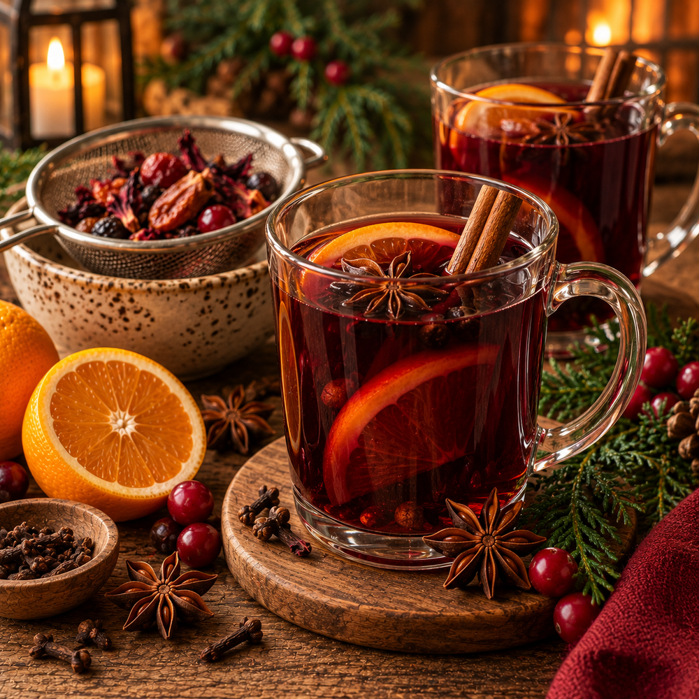 Festive Meadow Blend strained and served warm with orange, cinnamon and star anise