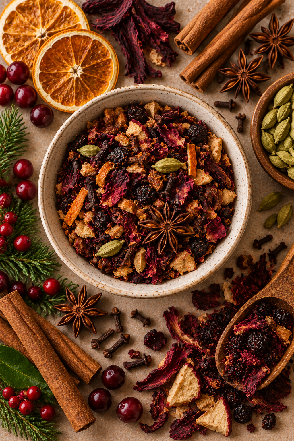 Festive Meadow botanical mulled spice blend surrounded by hibiscus, berries, orange, cinnamon, cardamom, cloves and star anise