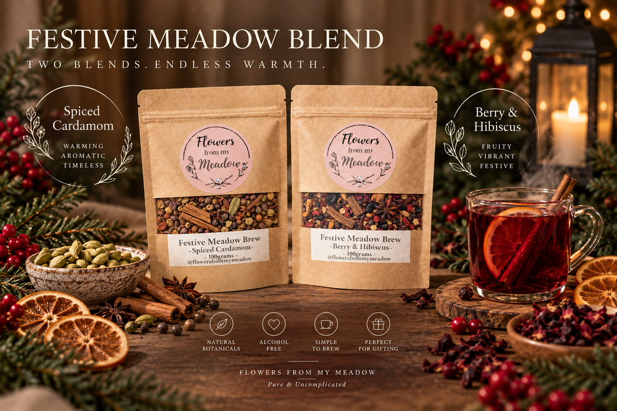 Festive Meadow Blend Spiced Cardamom and Berry and Hibiscus with a warm festive botanical drink