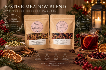 Festive Meadow Blend Spiced Cardamom and Berry and Hibiscus with a warm festive botanical drink