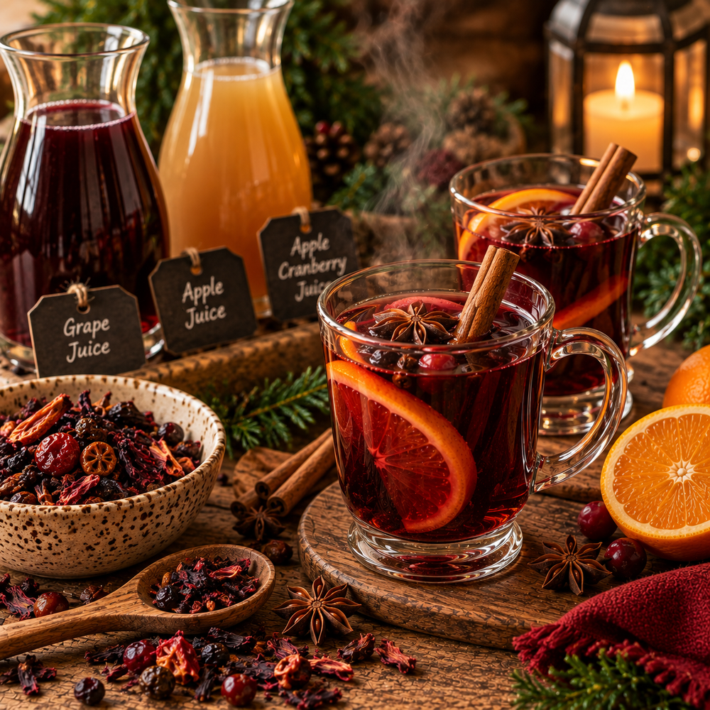 Alcohol-free Festive Meadow Blend served warm with fruit juice, orange, cinnamon and star anise