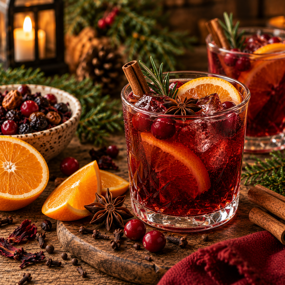 Festive Meadow Blend garnished with fresh orange, cinnamon, star anise, berries and rosemary