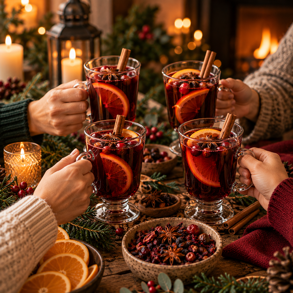Friends sharing warm Festive Meadow Blend with orange, cinnamon and star anise around a festive table