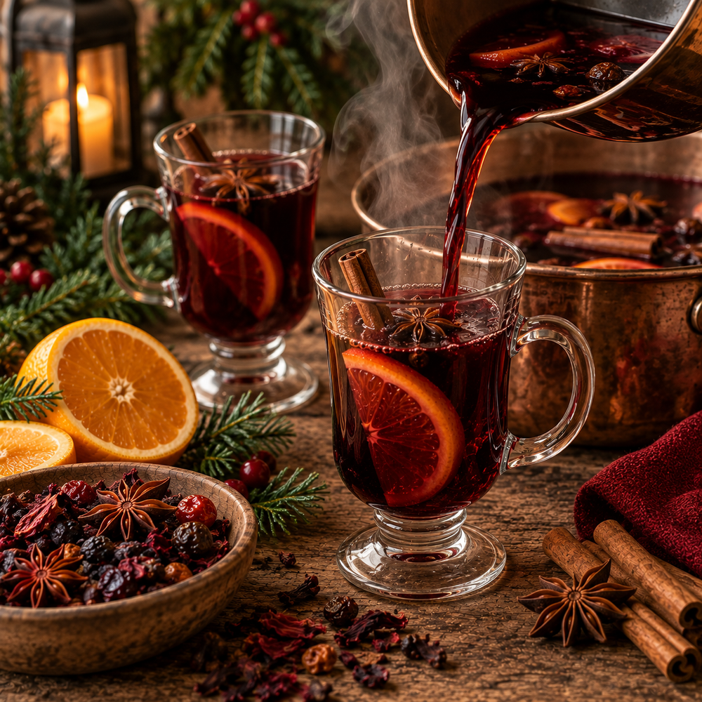 Traditional Glühwein-style Festive Meadow Blend served warm with orange, cinnamon and star anise