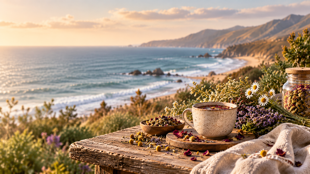 Herbal tea, chamomile and lavender on a rustic table overlooking a sunlit South African-inspired coastline.