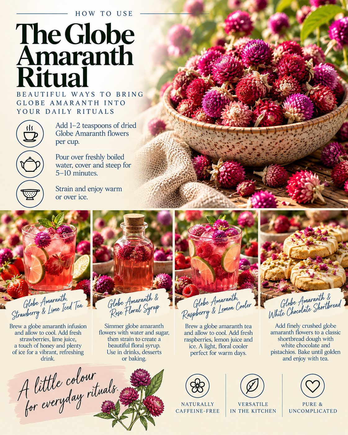 Globe Amaranth Ritual editorial featuring dried globe amaranth flowers and four botanical recipes: Strawberry & Lime Iced Tea, Rose Floral Syrup, Raspberry & Lemon Cooler, and White Chocolate Shortbread, with brewing instructions and colourful food photography.