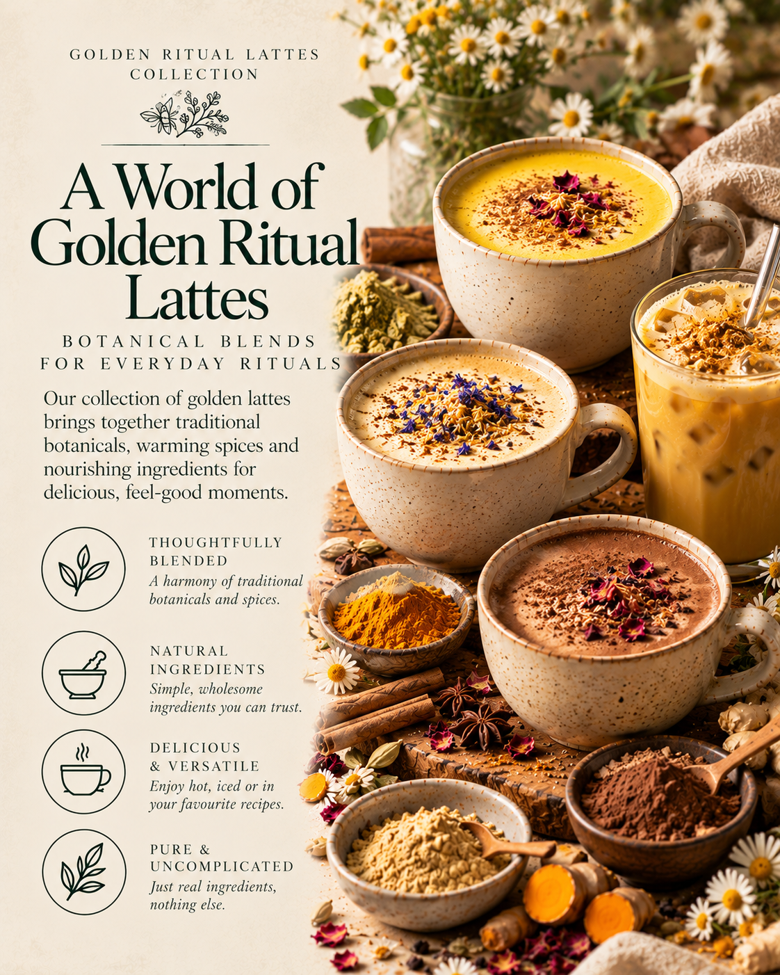 Golden Ritual Lattes botanical editorial featuring warm and iced golden lattes, a cocoa latte, turmeric, mesquite powder, cinnamon and aromatic spices, highlighting natural ingredients and versatile preparations.