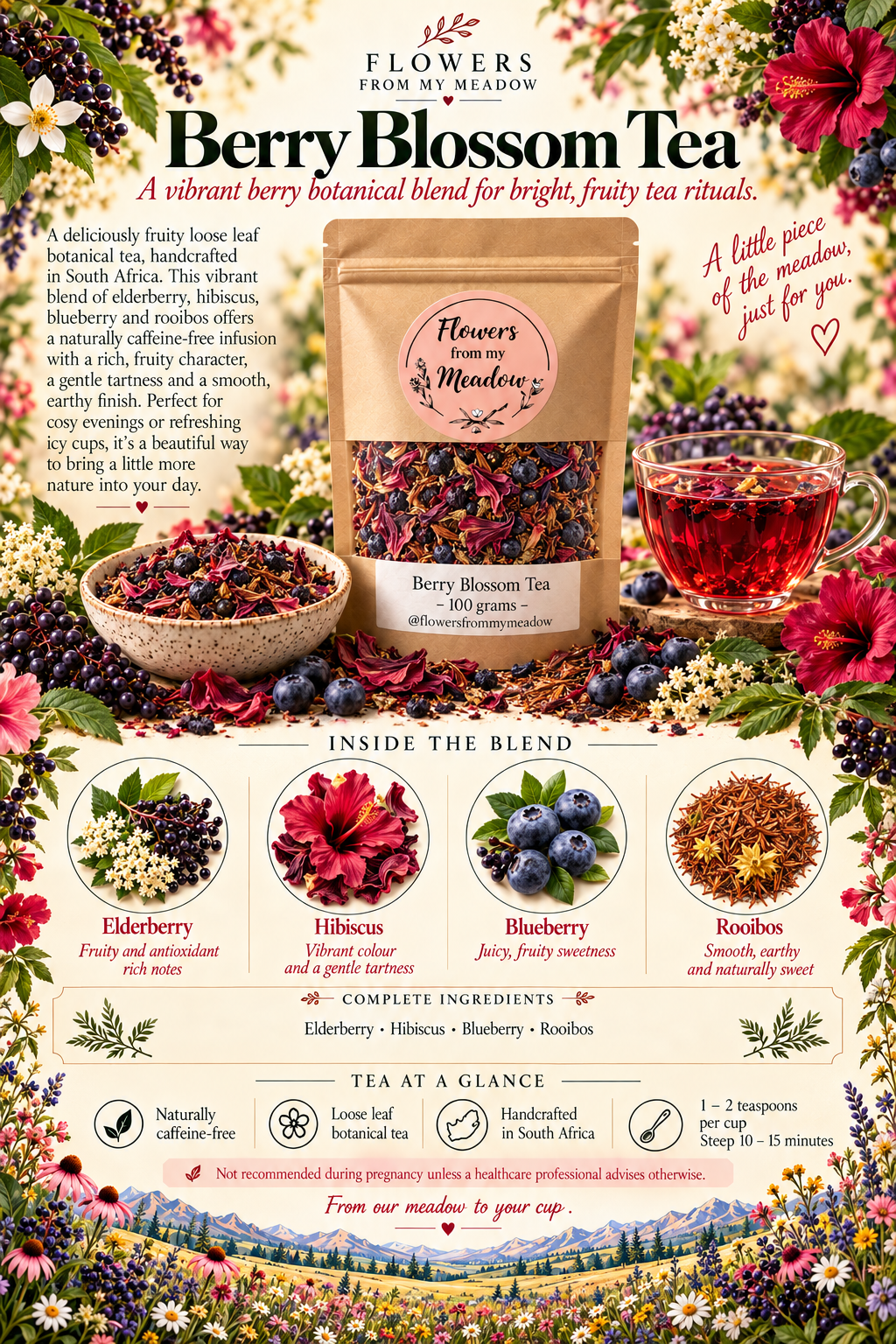 Editorial product poster for Flowers from my Meadow Berry Blossom Tea 100g, showing the kraft pouch with pink round logo, berry and floral loose-leaf blend in the clear window, a ruby-red brewed tea, and ingredient highlights for elderberry, hibiscus, blueberry and rooibos.