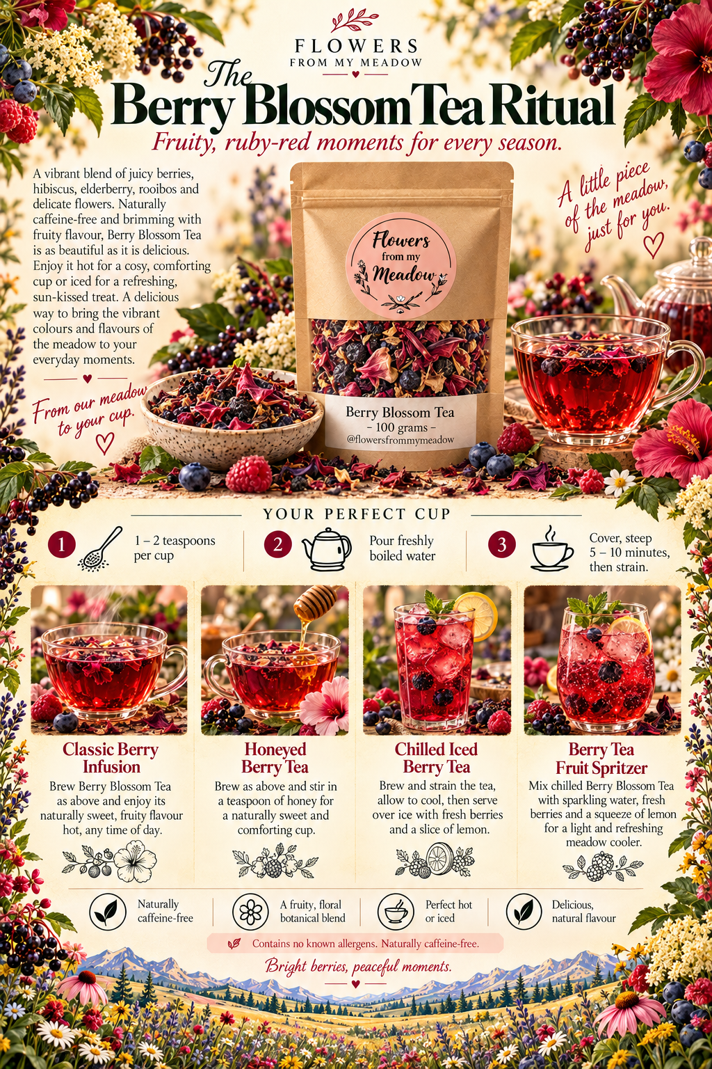 Editorial ritual poster for Flowers from my Meadow Berry Blossom Tea 100g, featuring the kraft pouch, brewed ruby-red tea, and four serving ideas including a classic infusion, honeyed berry tea, chilled iced berry tea and a berry tea fruit spritzer.