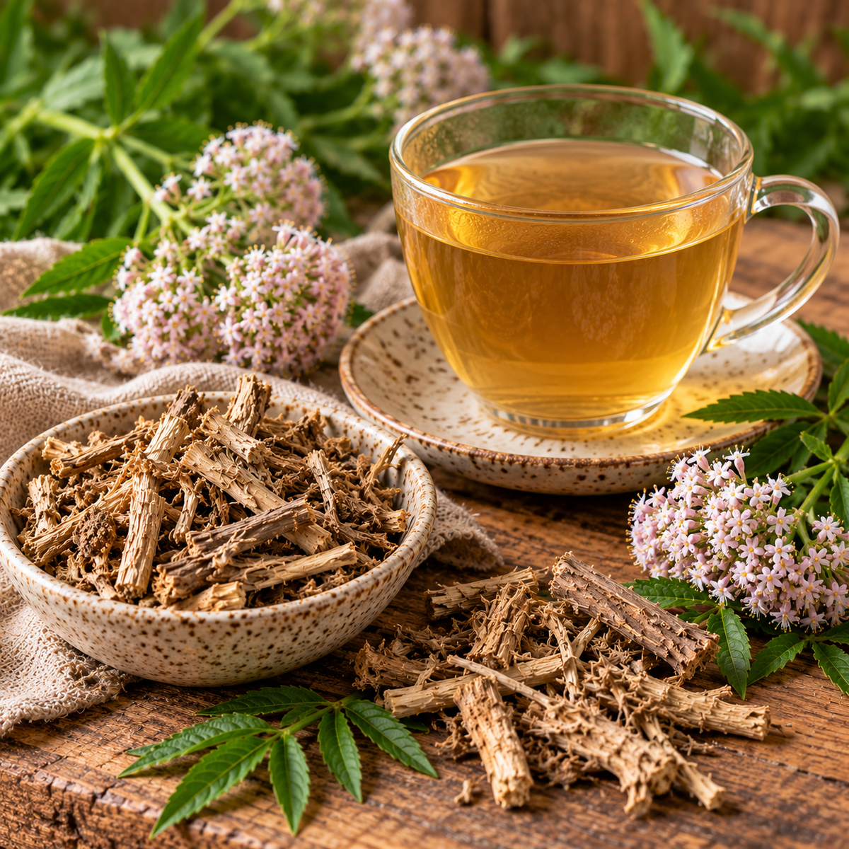 Valerian Root botanical still life with a clear glass cup of amber-coloured infusion, fibrous dried valerian roots in a speckled ceramic bowl, pink-white valerian flowers and green leaves on a rustic wooden surface.