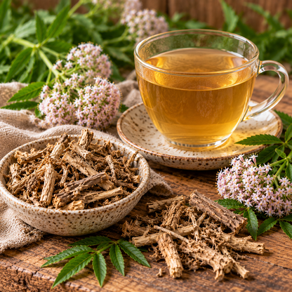 Valerian Root botanical still life with a clear glass cup of amber-coloured infusion, fibrous dried valerian roots in a speckled ceramic bowl, pink-white valerian flowers and green leaves on a rustic wooden surface.