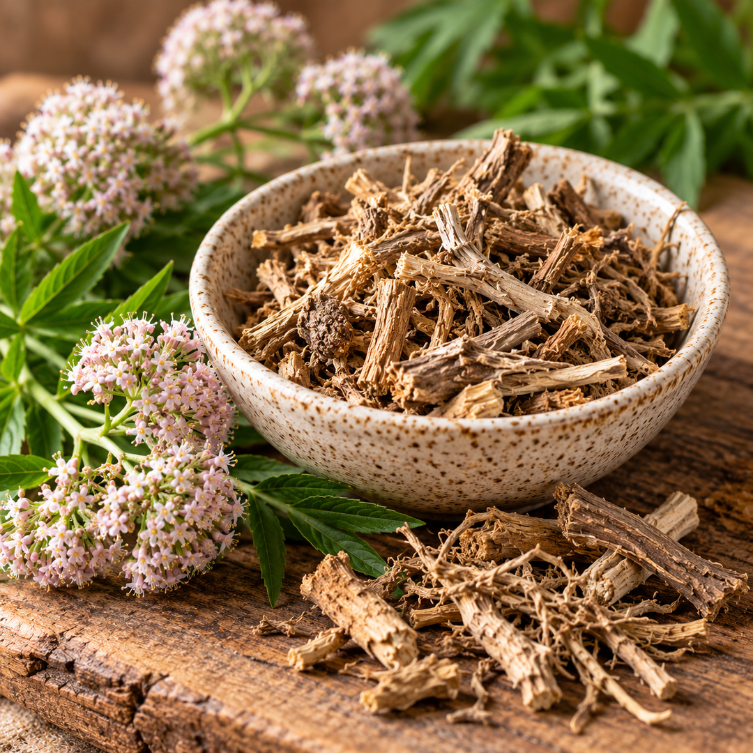Close-up of dried Valerian Root (Valeriana officinalis) fibrous beige-brown cut roots and rhizome pieces in a speckled ceramic bowl on a rustic wooden surface, with delicate pinkish-white valerian flowers and green foliage.