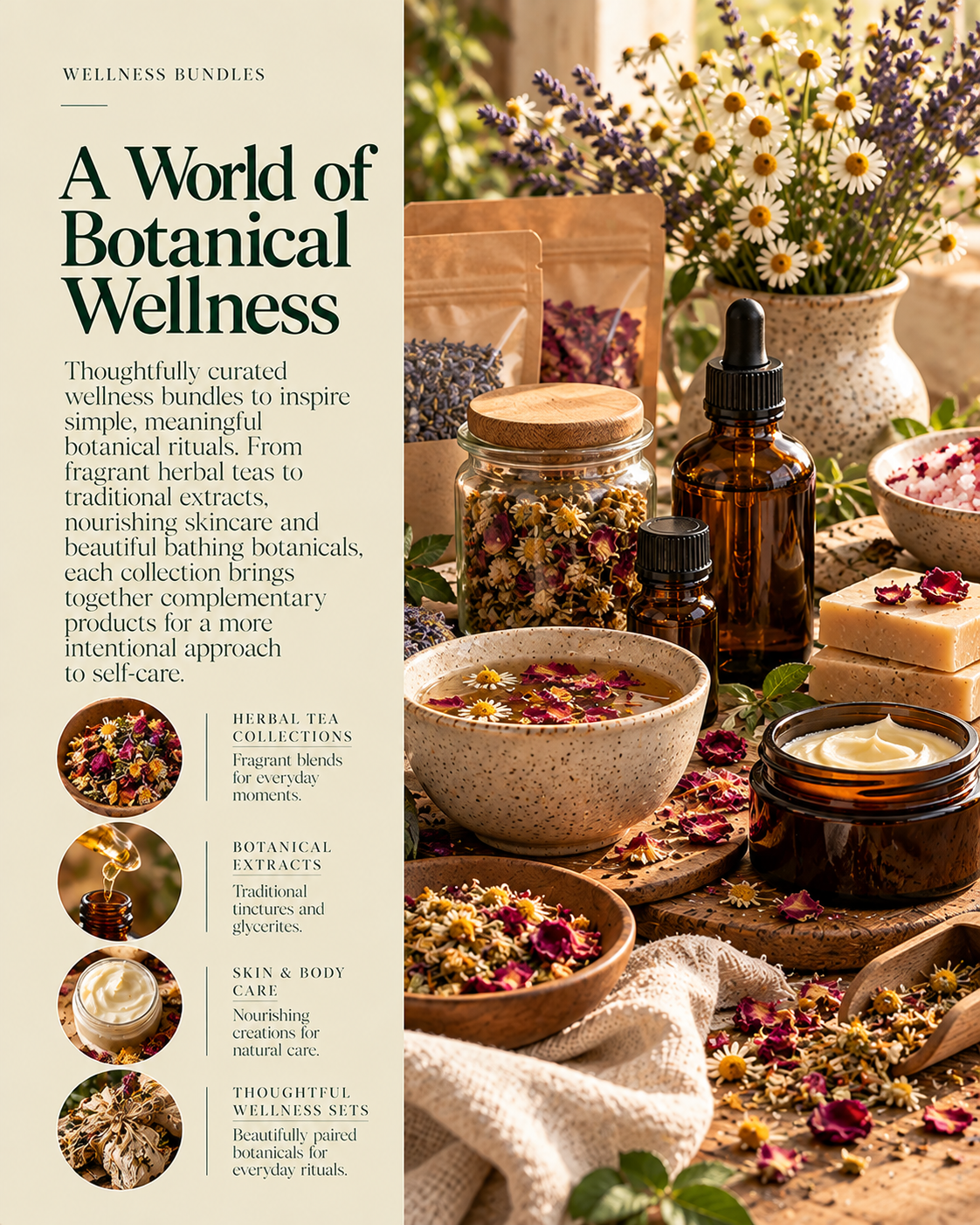 A World of Botanical Wellness editorial for Flowers from my Meadow, featuring handcrafted botanical creams, amber glass herbal extracts, loose leaf herbal teas, chamomile, lavender, rose petals and thoughtfully curated wellness gifts, highlighting herbal tea collections, botanical extracts, skin and body care, and everyday self-care rituals.