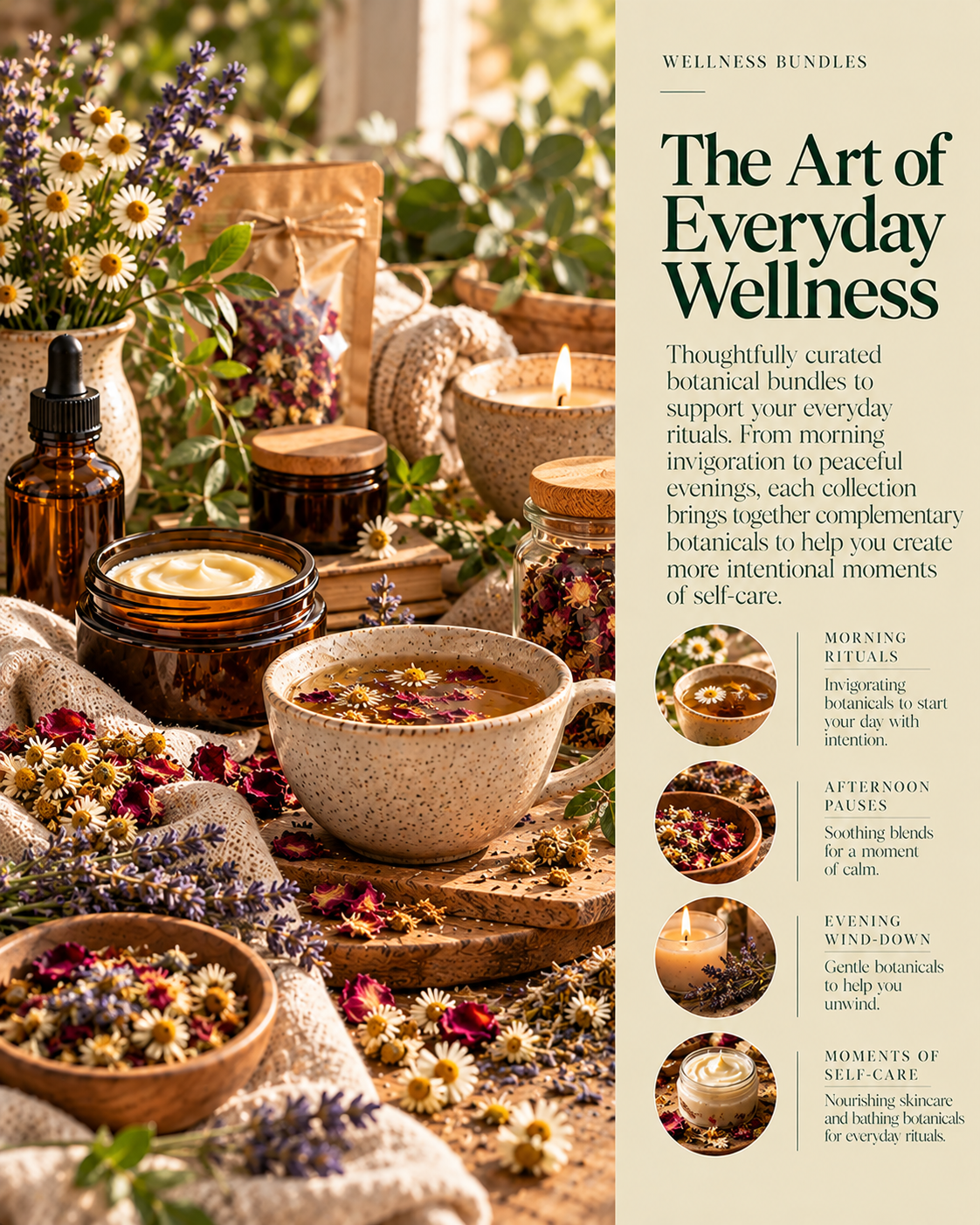 The Art of Everyday Wellness editorial for Flowers from my Meadow, featuring handcrafted botanical creams, amber glass herbal extracts, warm herbal tea, chamomile, lavender, dried rose petals and candlelight, highlighting morning rituals, afternoon pauses, evening relaxation and thoughtful everyday self-care.