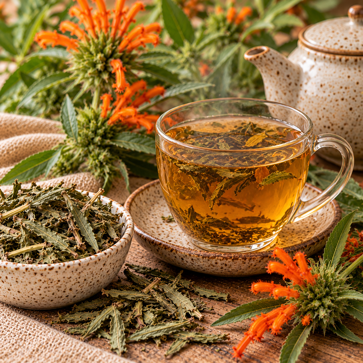 Wild Dagga Leaves botanical tea still life with a clear glass cup of amber herbal infusion, dried leaves in a speckled ceramic bowl, a matching teapot and bright orange Wild Dagga flowers on a rustic wooden surface.
