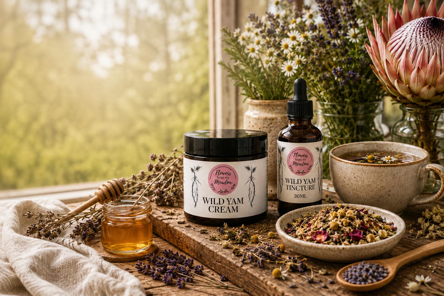 Flowers from my Meadow botanical wellness display featuring Wild Yam Cream, Wild Yam Tincture, handcrafted herbal tea and South African botanical products in a premium botanical apothecary setting.