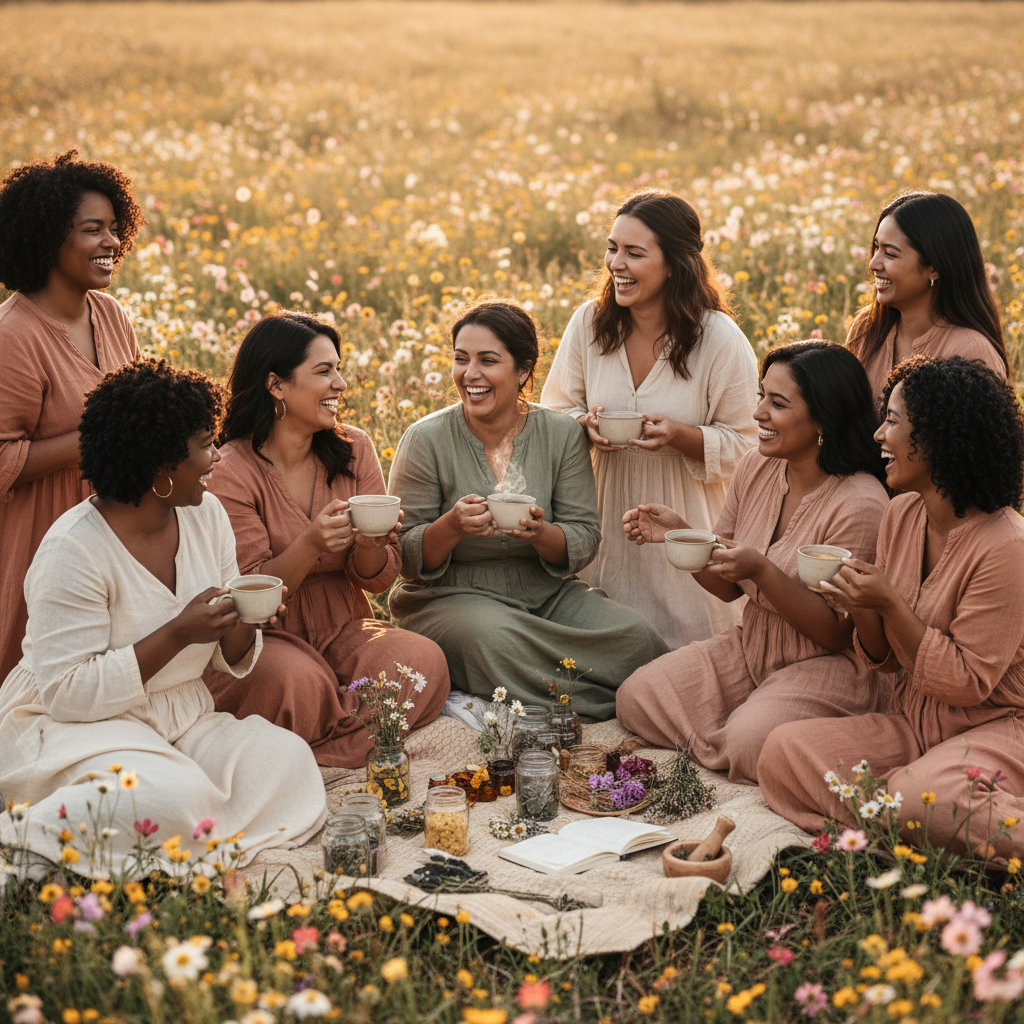 A diverse group of South African women gathered in a sunlit botanical meadow for a Women’s Month celebration.
