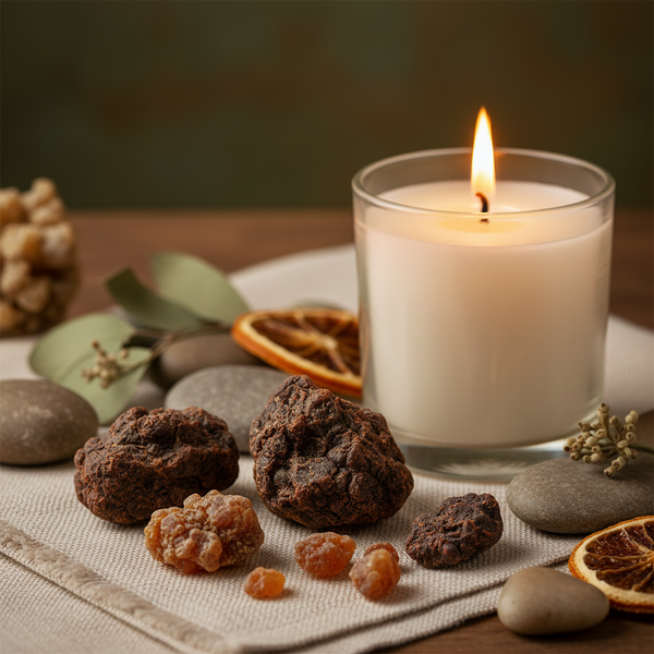Frankincense and myrrh resins arranged beside a softly glowing candle on natural linen.