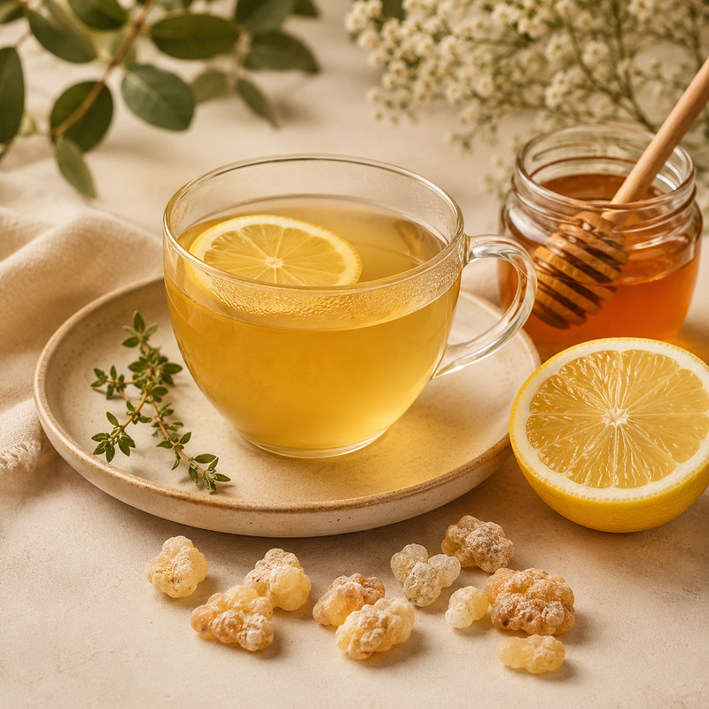Frankincense, honey and lemon botanical tea with food-grade Boswellia serrata resin tears