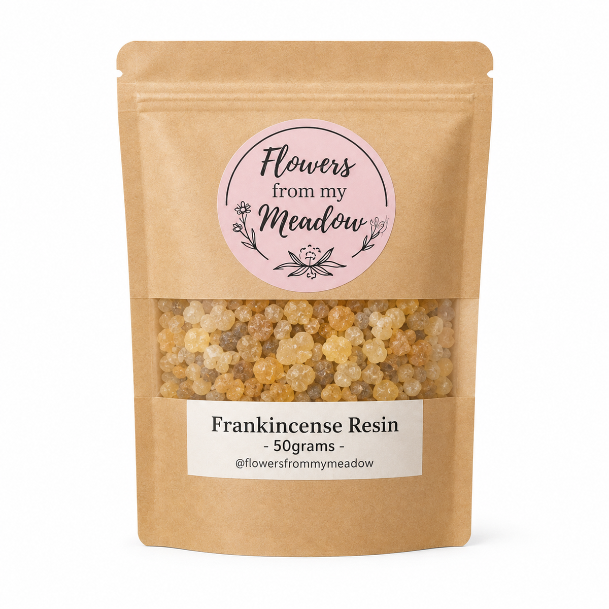 Frankincense Resin 50 g resealable kraft pouch filled with Boswellia serrata resin tears