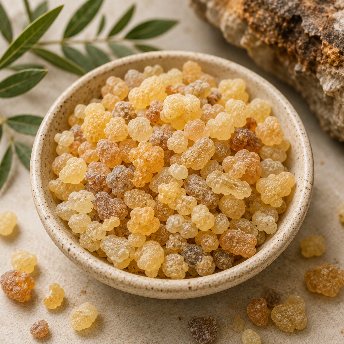Close-up of Boswellia serrata Frankincense Resin showing natural golden, amber and cream resin tears