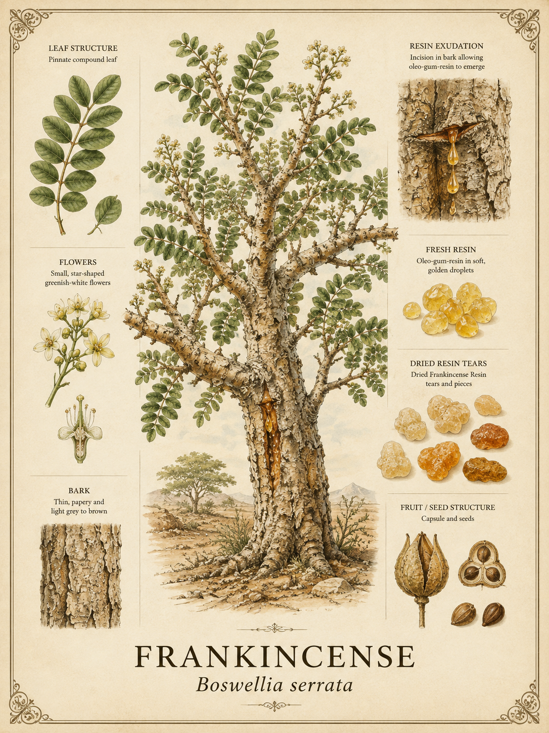 Vintage botanical profile of Boswellia serrata showing the Frankincense tree, compound leaves, flowers, bark, resin exudation, dried resin tears and seed structure