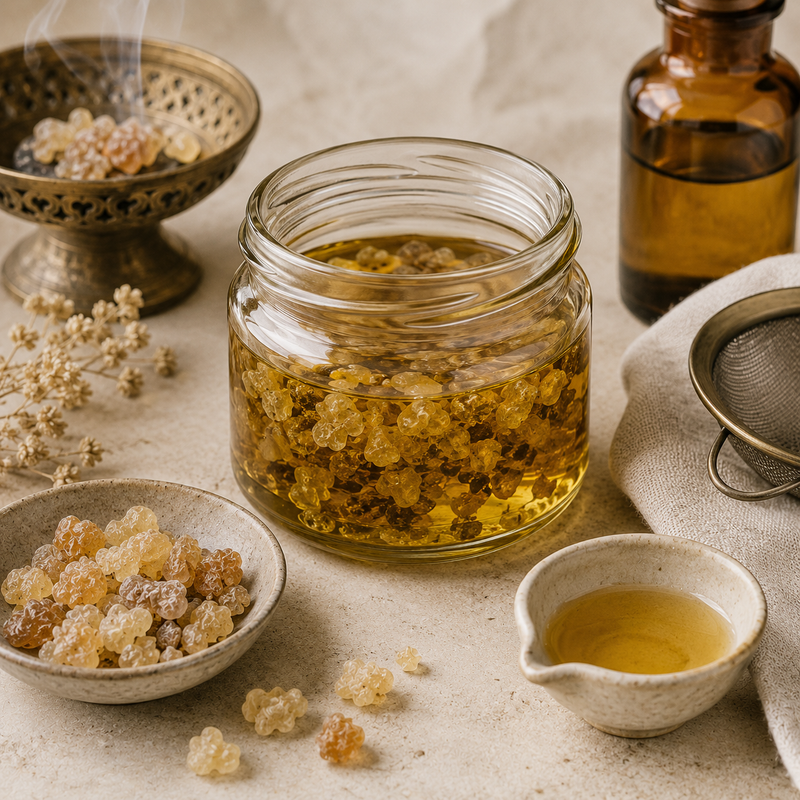 Boswellia serrata Frankincense Resin infusing in golden botanical oil with natural resin tears