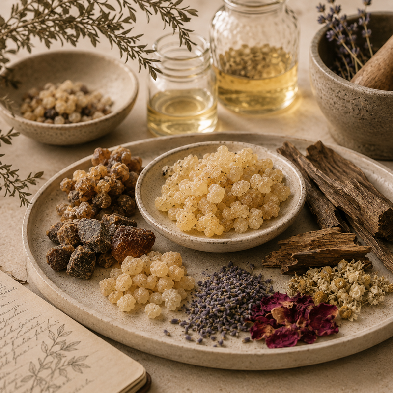 Boswellia serrata Frankincense Resin arranged with aromatic resins, dried botanicals and natural fragrance materials