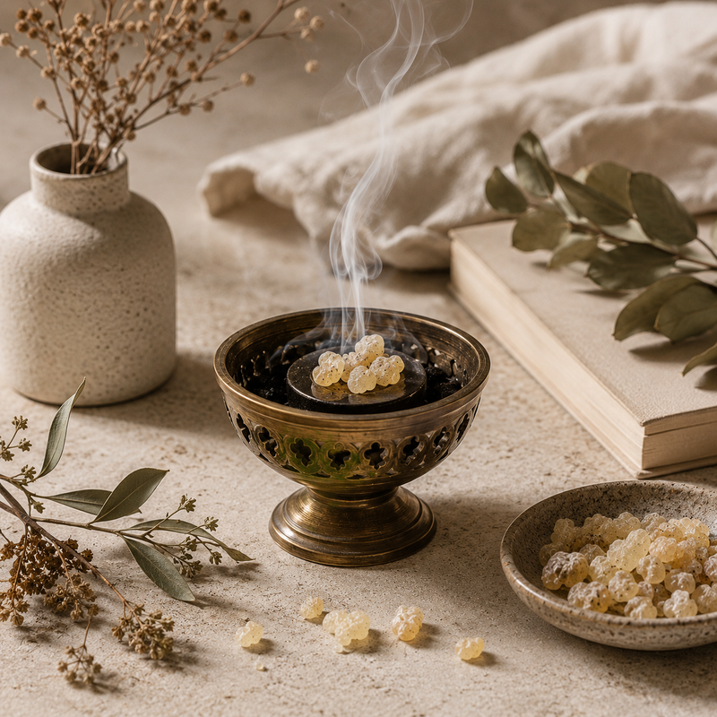 Boswellia serrata Frankincense Resin gently burning in a heatproof incense burner in a quiet botanical ritual setting