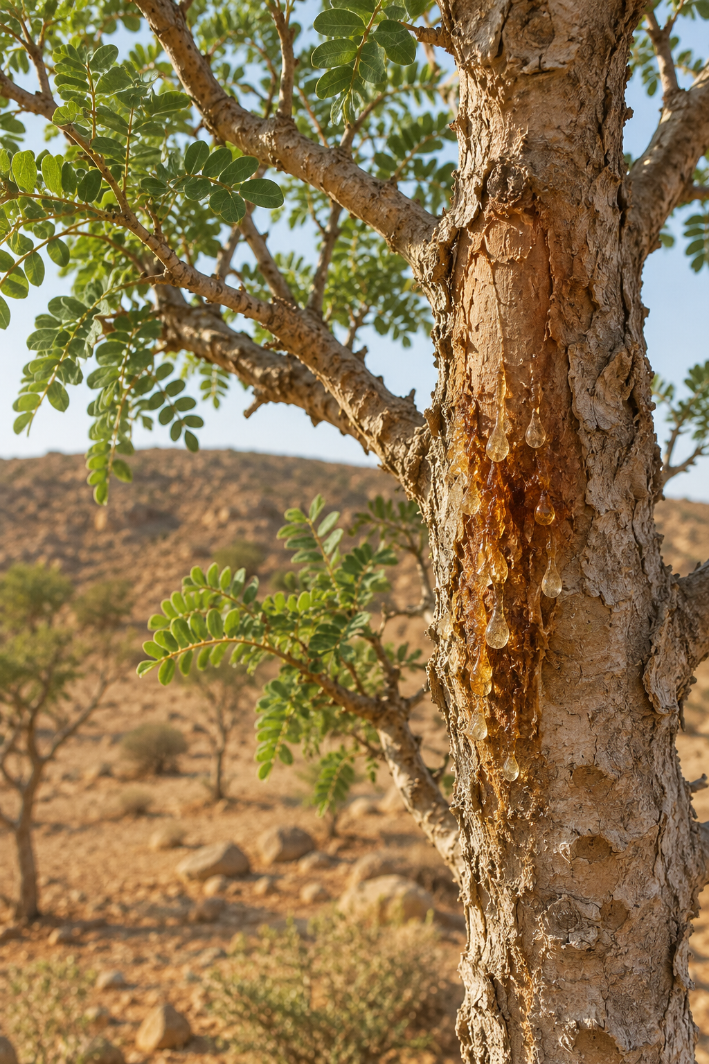 Boswellia serrata tree with golden Frankincense Resin naturally exuding from the bark