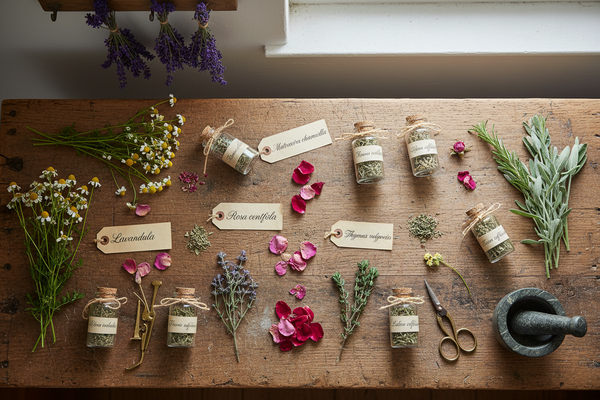 fresh-and-dried-botanicals-arranged-on-an-oak-workbench-with-handwritten-botanical-labels