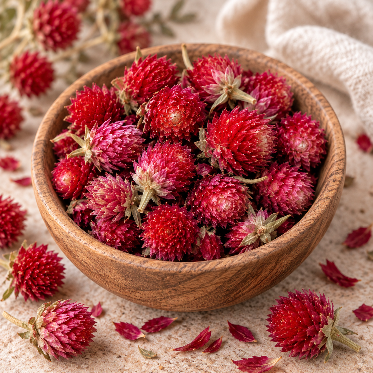 Dried Globe Amaranth Flowers in a wooden bowl showing the natural red and pink Gomphrena globosa flower heads