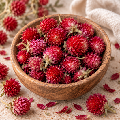 Dried Globe Amaranth Flowers in a wooden bowl showing the natural red and pink Gomphrena globosa flower heads