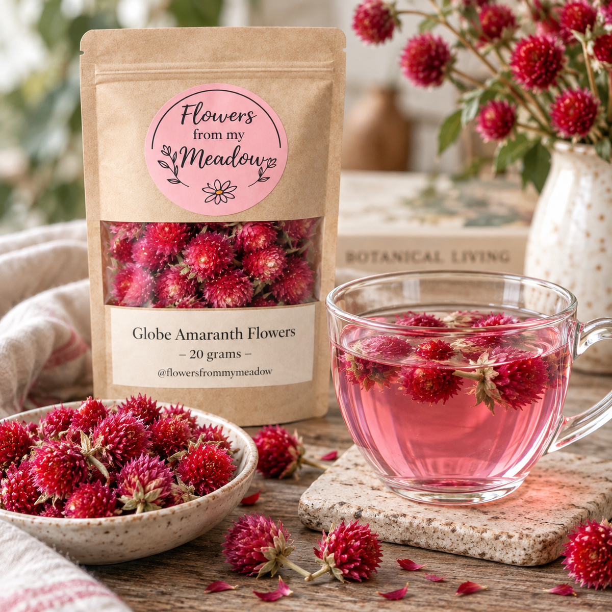 Globe Amaranth flower tea with dried Gomphrena globosa flowers and a naturally pink floral infusion
