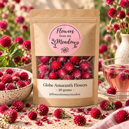 Globe Amaranth Flowers 20 g resealable kraft pouch filled with dried magenta blossoms, styled with fresh globe amaranth flowers and a delicate pink botanical infusion